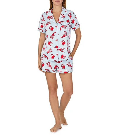 kate spade new york Crab & Lobster Toss Print Short Sleeve Notch Collar Brushed Jersey Knit Shorty Pajama Set