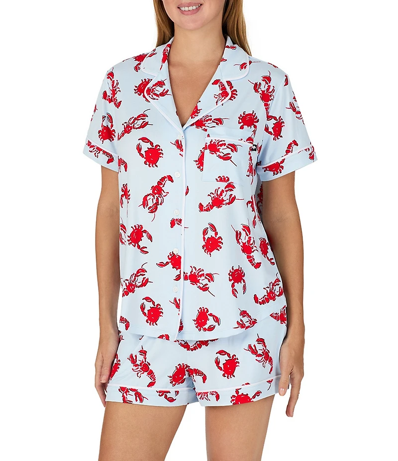 kate spade new york Crab & Lobster Toss Print Short Sleeve Notch Collar Brushed Jersey Knit Shorty Pajama Set