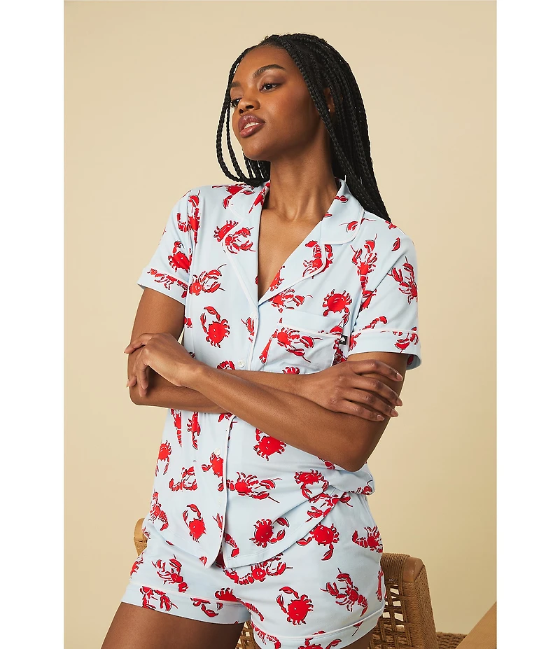 kate spade new york Crab & Lobster Toss Print Short Sleeve Notch Collar Brushed Jersey Knit Shorty Pajama Set