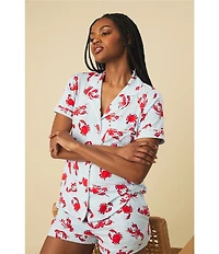 kate spade new york Crab & Lobster Toss Print Short Sleeve Notch Collar Brushed Jersey Knit Shorty Pajama Set