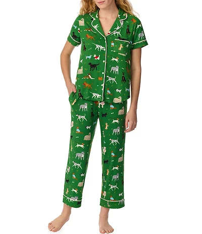kate spade new york Dog Print Short Sleeve Notch Collar Brushed Jersey Knit Cropped Pajama Set