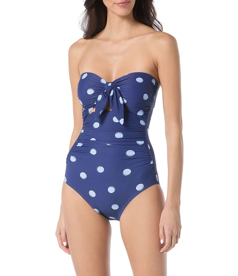 kate spade new york Downtown Dot Tie Front Cut-Out Shirred Bandeau One Piece Swimsuit