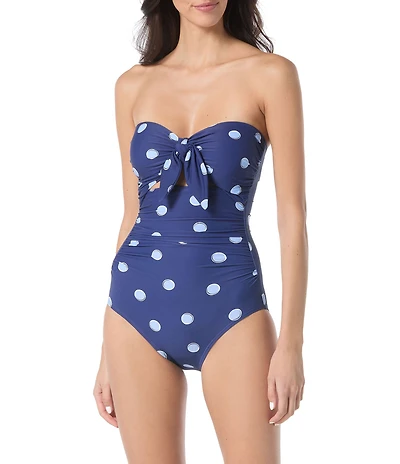 kate spade new york Downtown Dot Tie Front Cut-Out Shirred Bandeau One Piece Swimsuit