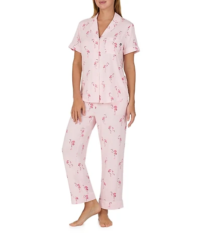 kate spade new york Flamingo Print Short Sleeve Notch Collar Jersey Knit Cropped Pajama Set