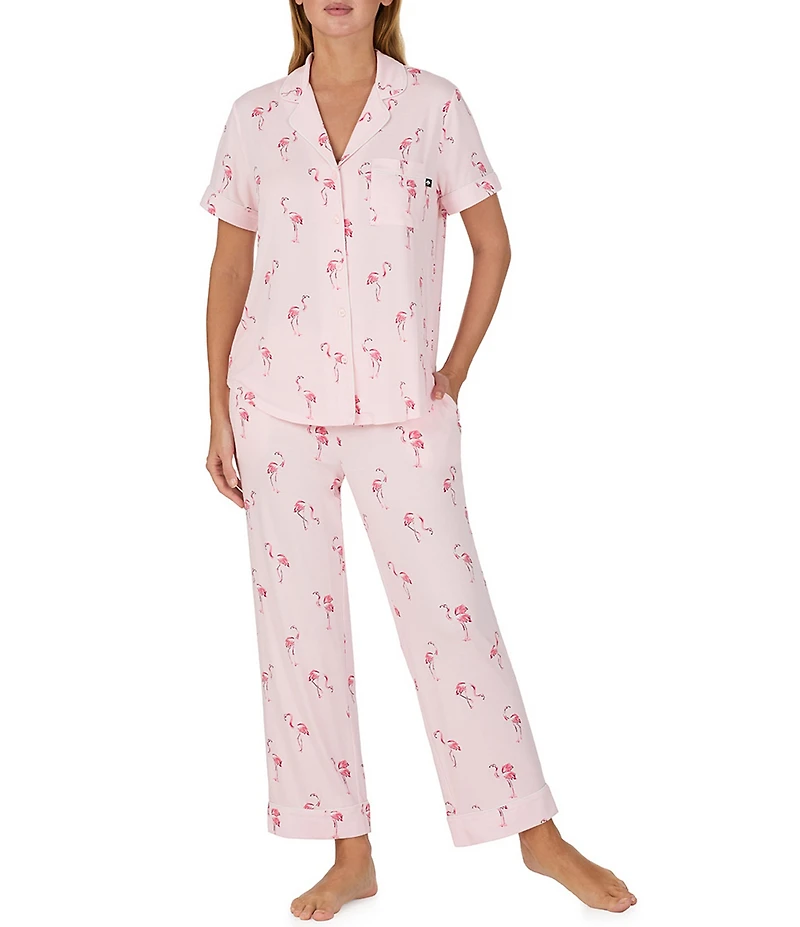 kate spade new york Flamingo Print Short Sleeve Notch Collar Jersey Knit Cropped Pajama Set