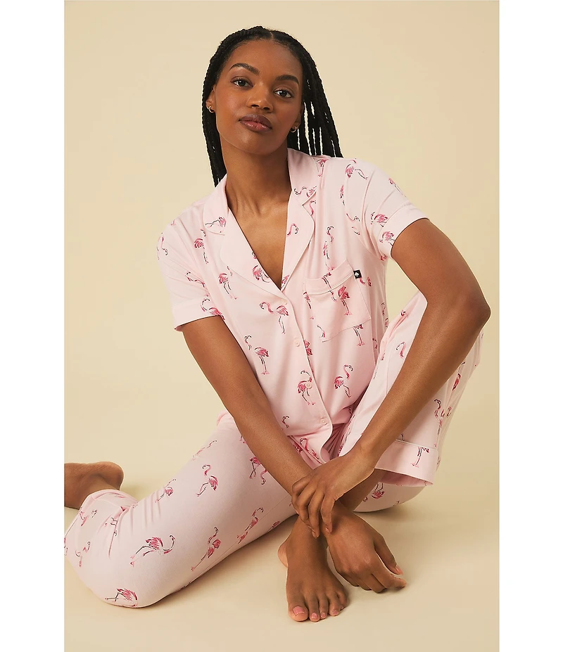 kate spade new york Flamingo Print Short Sleeve Notch Collar Jersey Knit Cropped Pajama Set