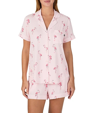 kate spade new york Flamingo Print Short Sleeve Notch Collar Jersey Knit Shorty Pajama Set