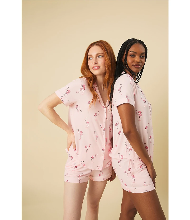 kate spade new york Flamingo Print Short Sleeve Notch Collar Jersey Knit Shorty Pajama Set