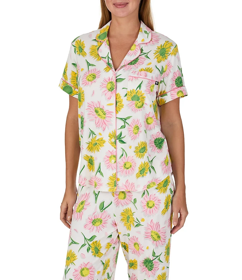 kate spade new york Floral Print Short Sleeve Notch Collar Jersey Knit Cropped Pajama Set