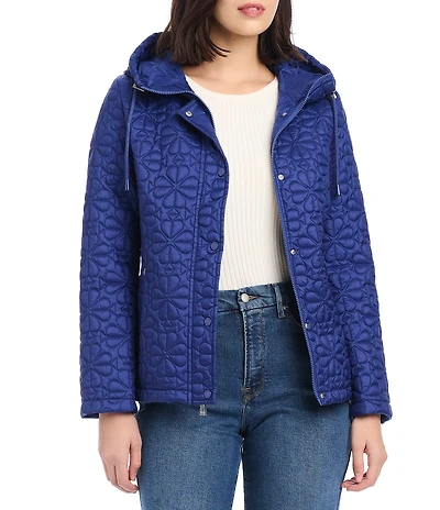 kate spade new york Floral Quilted Stand Collar Hooded Long Sleeve Snap Front Jacket