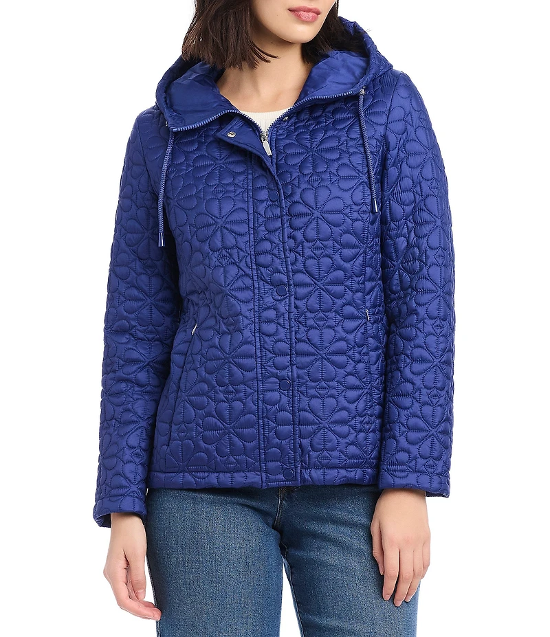 kate spade new york Floral Quilted Stand Collar Hooded Long Sleeve Snap Front Jacket