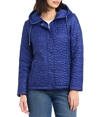 kate spade new york Floral Quilted Stand Collar Hooded Long Sleeve Snap Front Jacket