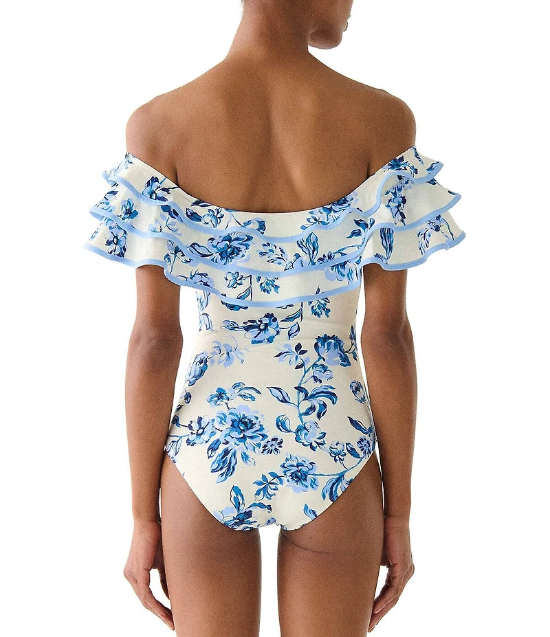 kate spade new york Floral Toile Off-The-Shoulder Ruffle One Piece Swimsuit