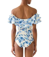 kate spade new york Floral Toile Off-The-Shoulder Ruffle One Piece Swimsuit