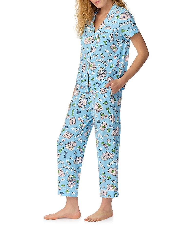 kate spade new york Game On Print Short Sleeve Notch Collar Jersey Knit Cropped Pajama Set