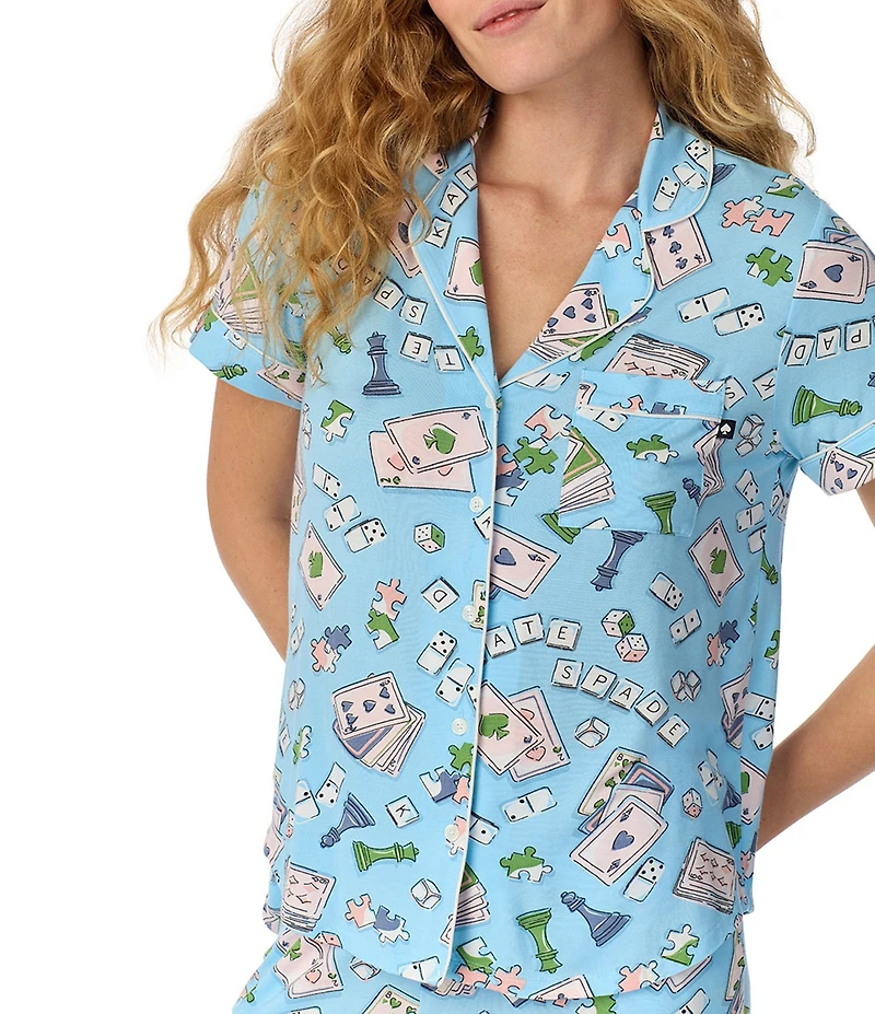 kate spade new york Game On Print Short Sleeve Notch Collar Jersey Knit Cropped Pajama Set