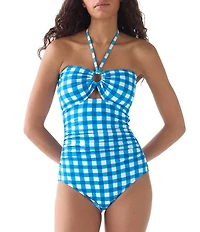 kate spade new york Gingham Ring Trim Halter Neck Bandeau One Piece Swimsuit