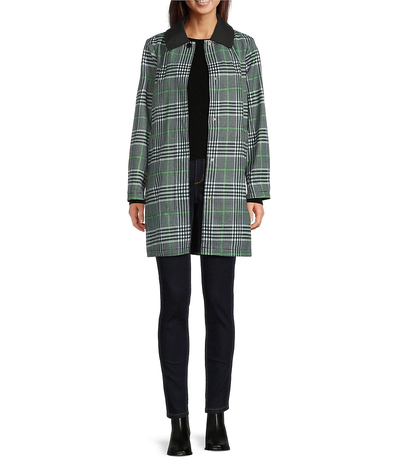 kate spade new york Glen Plaid Point Collar Removable Hooded Snap Front A-Line Raincoat