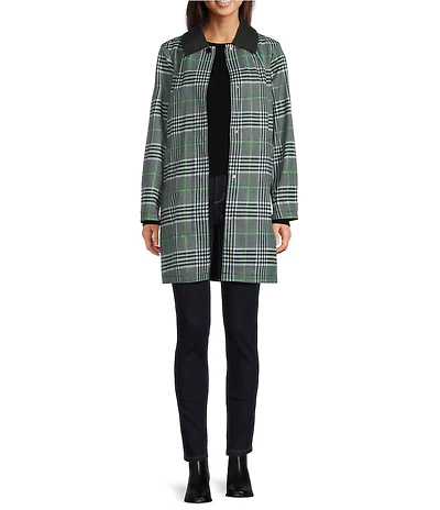 kate spade new york Glen Plaid Point Collar Removable Hooded Snap Front A-Line Raincoat