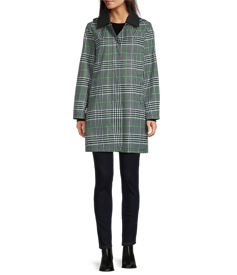 kate spade new york Glen Plaid Point Collar Removable Hooded Snap Front A-Line Raincoat