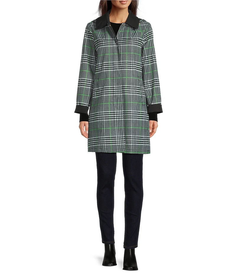 kate spade new york Glen Plaid Point Collar Removable Hooded Snap Front A-Line Raincoat