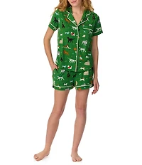 kate spade new york Green Novelty Dog Print Short Sleeve Notch Collar Brushed Jersey Knit Pajama Set