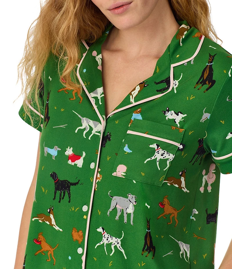kate spade new york Green Novelty Dog Print Short Sleeve Notch Collar Brushed Jersey Knit Pajama Set