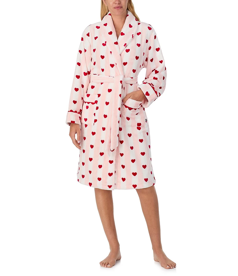 kate spade new york Heart Stripe Print Long Sleeve Shawl Collar Chenille Plush Short Robe