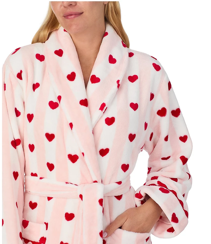 kate spade new york Heart Stripe Print Long Sleeve Shawl Collar Chenille Plush Short Robe