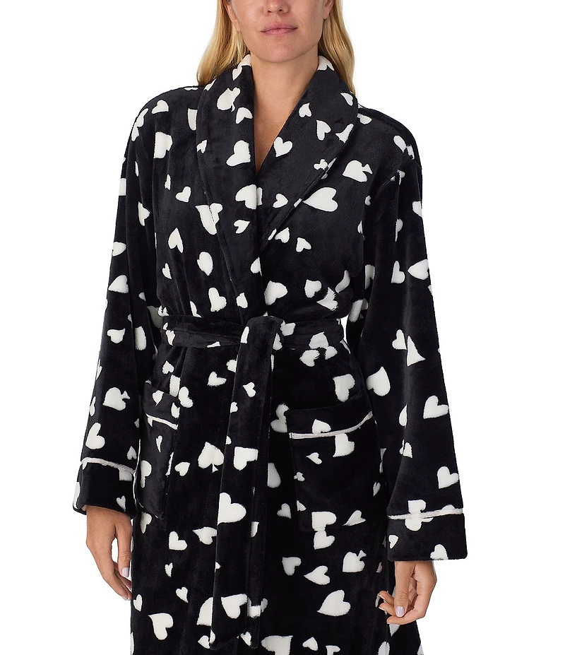 kate spade new york Heart Swirl Print Long Sleeve Shawl Collar Chenille Plush Short Robe