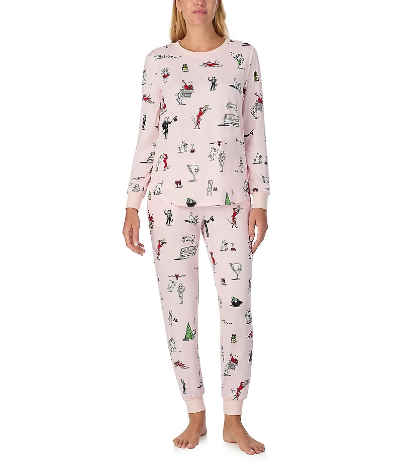 kate spade new york Holiday Party Print Long Sleeve Crew Neck Top & Jogger Long Knit Holiday Pajama Set