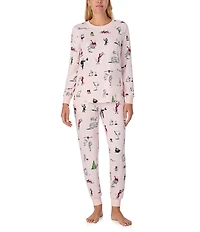kate spade new york Holiday Party Print Long Sleeve Crew Neck Top & Jogger Long Knit Holiday Pajama Set