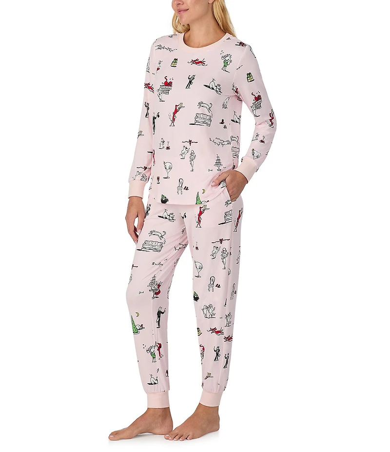 kate spade new york Holiday Party Print Long Sleeve Crew Neck Top & Jogger Long Knit Holiday Pajama Set