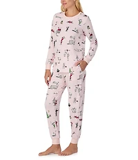 kate spade new york Holiday Party Print Long Sleeve Crew Neck Top & Jogger Long Knit Holiday Pajama Set