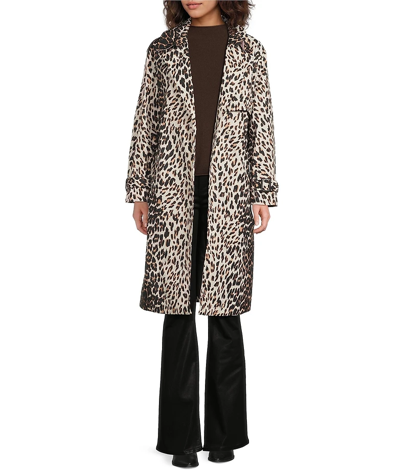 kate spade new york Leopard Print Collar Neck Long Sleeve Belted Water Resistant Hidden Snap Trench Coat