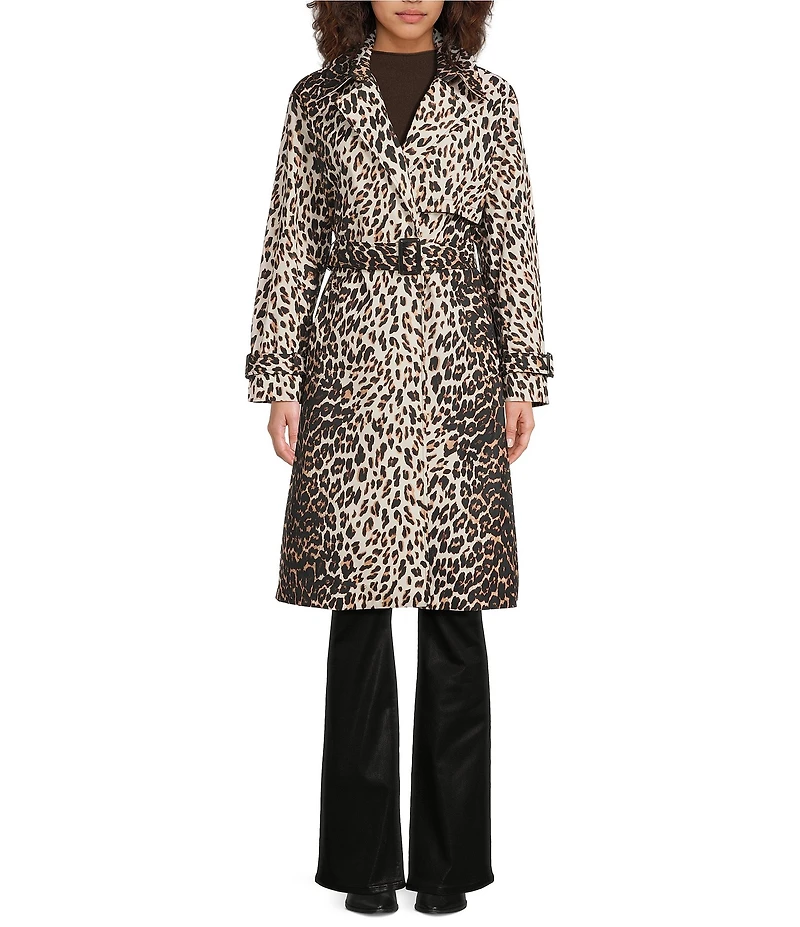 kate spade new york Leopard Print Collar Neck Long Sleeve Belted Water Resistant Hidden Snap Trench Coat
