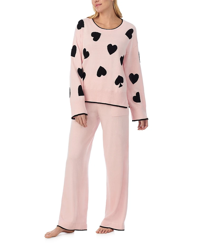 kate spade new york Long Sleeve Crew Neck Sweater Knit Heart Print Long Cozy Pajama Set