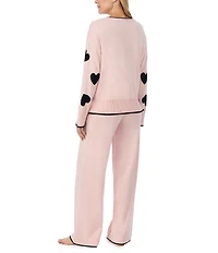 kate spade new york Long Sleeve Crew Neck Sweater Knit Heart Print Long Cozy Pajama Set