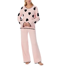 kate spade new york Long Sleeve Crew Neck Sweater Knit Heart Print Long Cozy Pajama Set