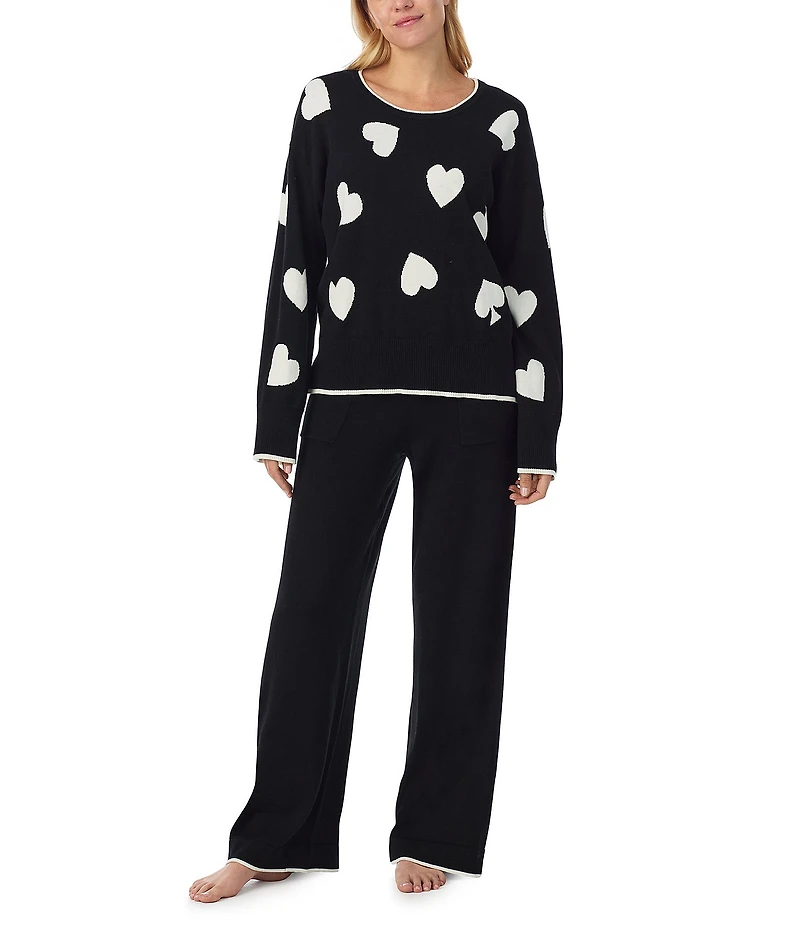 kate spade new york Long Sleeve Crew Neck Sweater Knit Heart Print Long Cozy Pajama Set