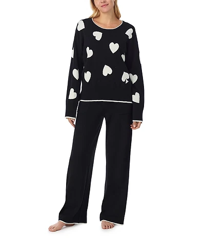 kate spade new york Long Sleeve Crew Neck Sweater Knit Heart Print Long Cozy Pajama Set