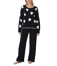 kate spade new york Long Sleeve Crew Neck Sweater Knit Heart Print Long Cozy Pajama Set