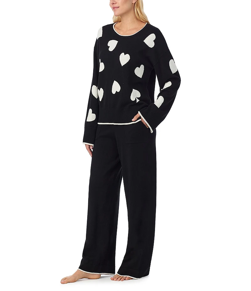 kate spade new york Long Sleeve Crew Neck Sweater Knit Heart Print Long Cozy Pajama Set