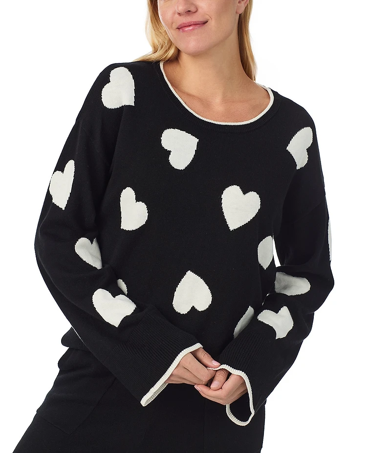 kate spade new york Long Sleeve Crew Neck Sweater Knit Heart Print Long Cozy Pajama Set