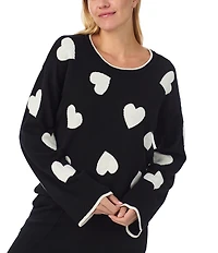kate spade new york Long Sleeve Crew Neck Sweater Knit Heart Print Long Cozy Pajama Set