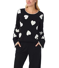 kate spade new york Long Sleeve Crew Neck Sweater Knit Heart Print Long Cozy Pajama Set