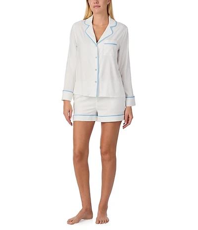 kate spade new york Long Sleeve Notch Collar Jacquard Dotted Contrast Piping Charmeuse Shorty Pajama Set