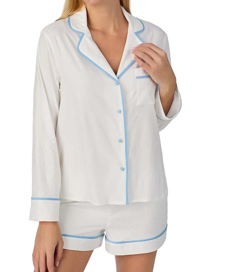 kate spade new york Long Sleeve Notch Collar Jacquard Dotted Contrast Piping Charmeuse Shorty Pajama Set