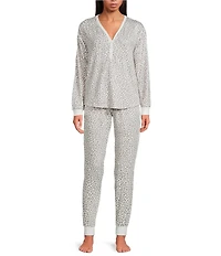 kate spade new york Long Sleeve V-Neck Henley Sweater Knit Animal Print Jogger Pajama Set