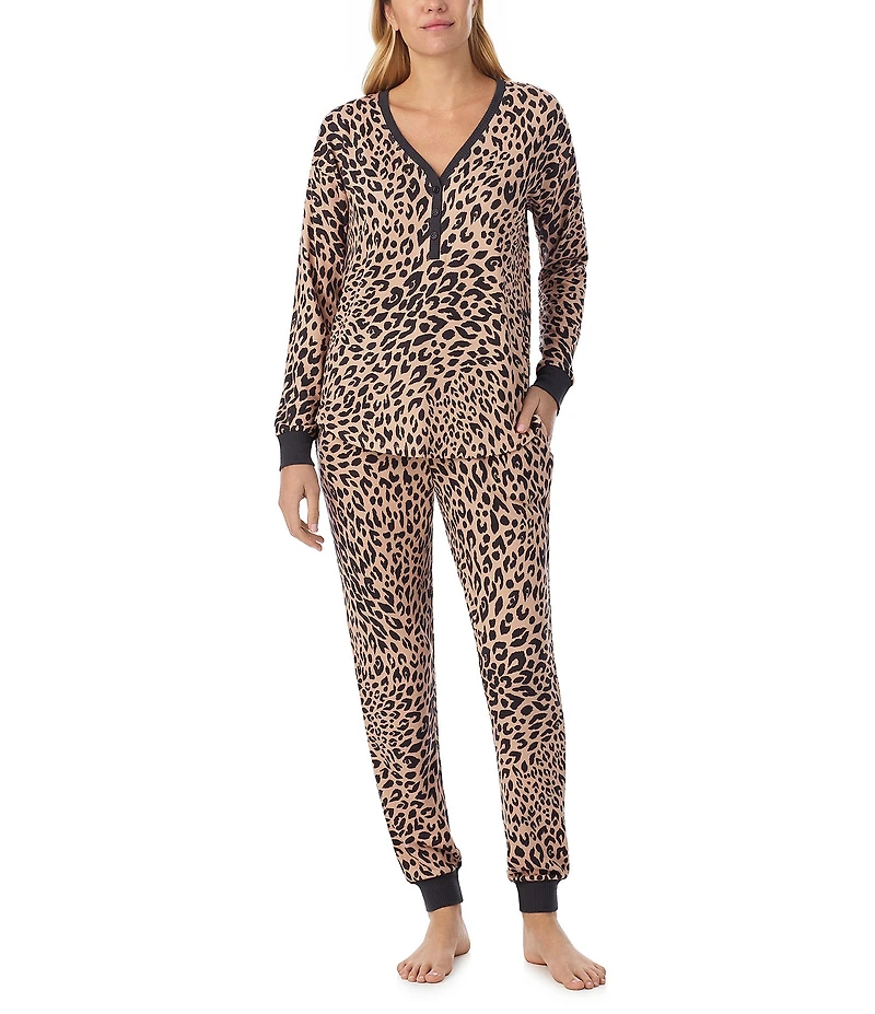 kate spade new york Long Sleeve V-Neck Henley Sweater Knit Animal Print Jogger Pajama Set